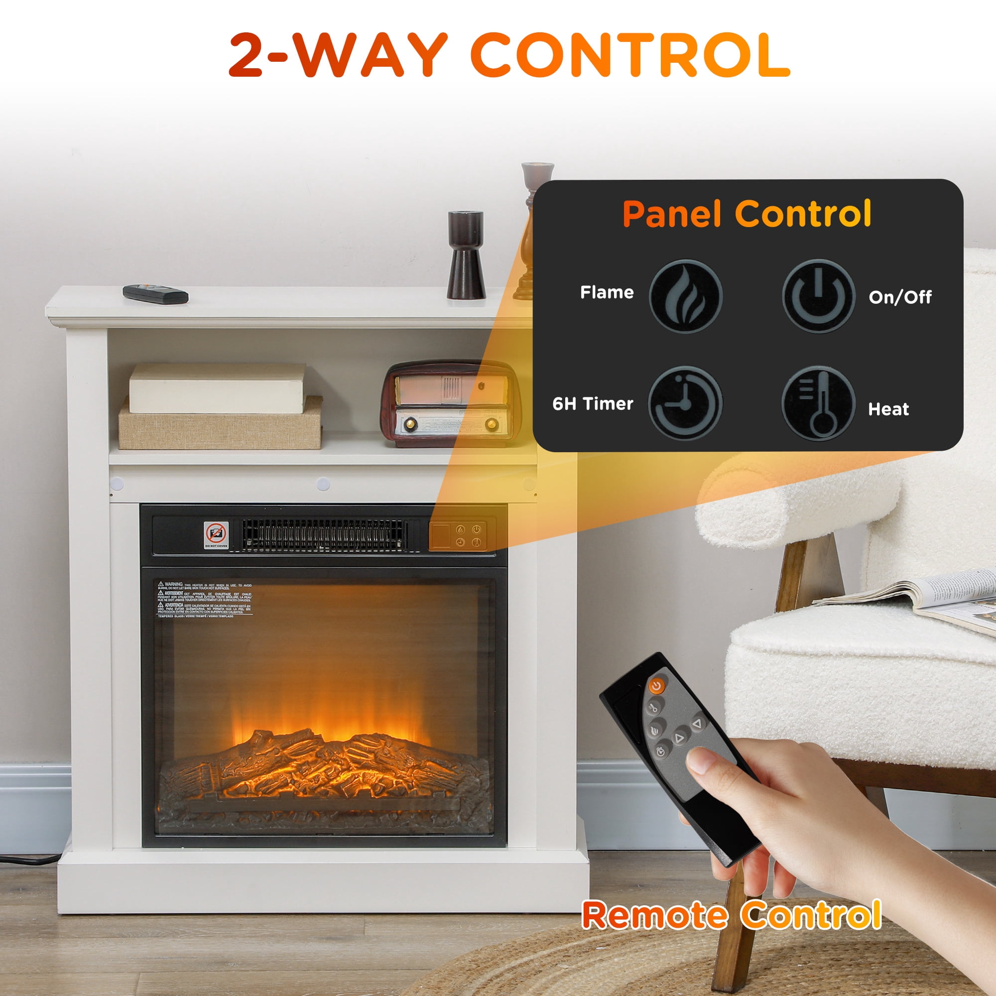 26" Electric Fireplace with Mantel, Modern Console Table with Heater and Remote Control, Indoor Small Freestanding Fireplace, Tabletop Fireplace for Living Room, Bedroom