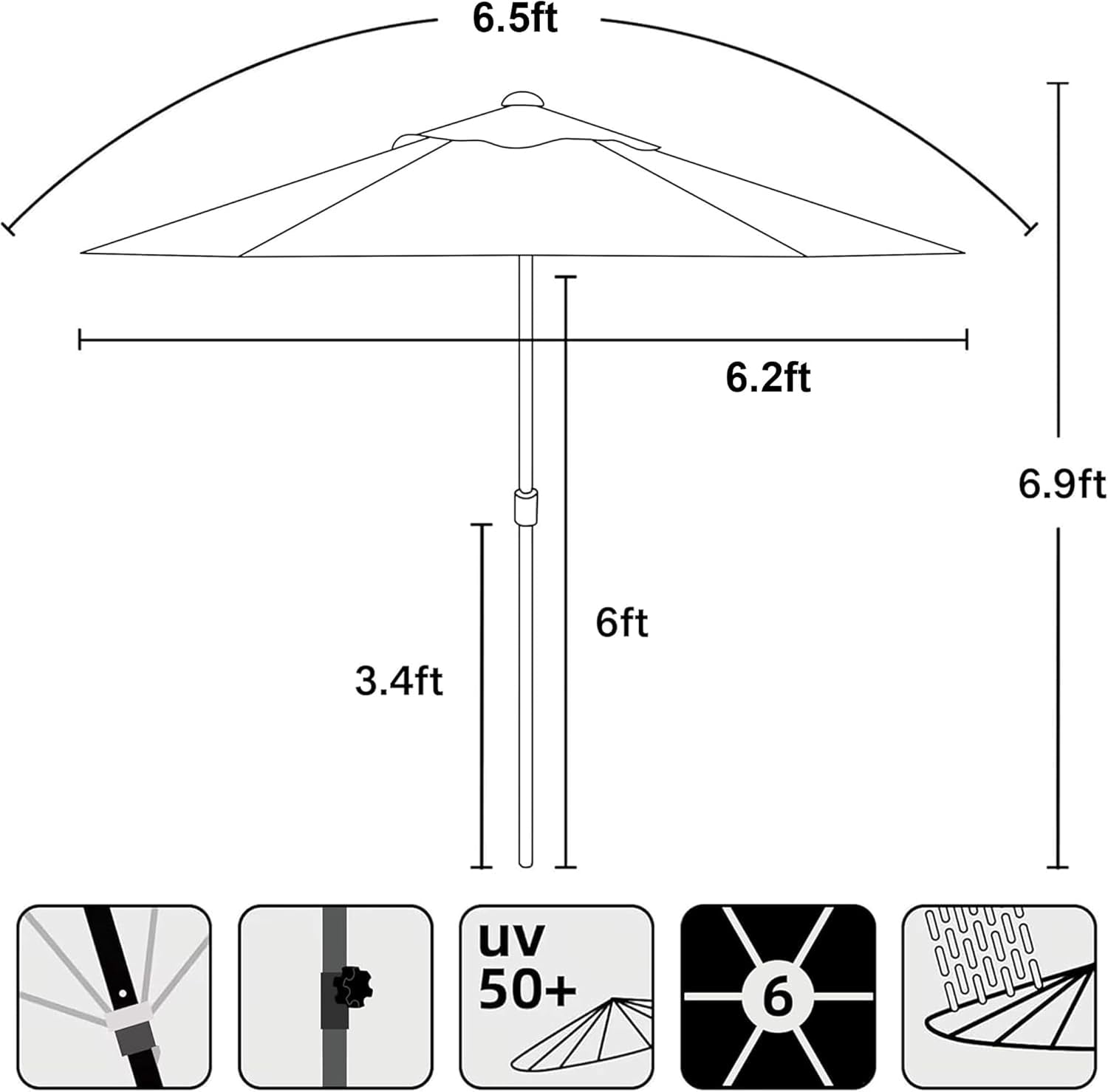 6ft Patio Umbrella Outdoor Table Umbrellas with Push Button Tilt, UPF50+ Premium Steel Pole and Ribs for Deck, Lawn, Garden, Backyard & Pool