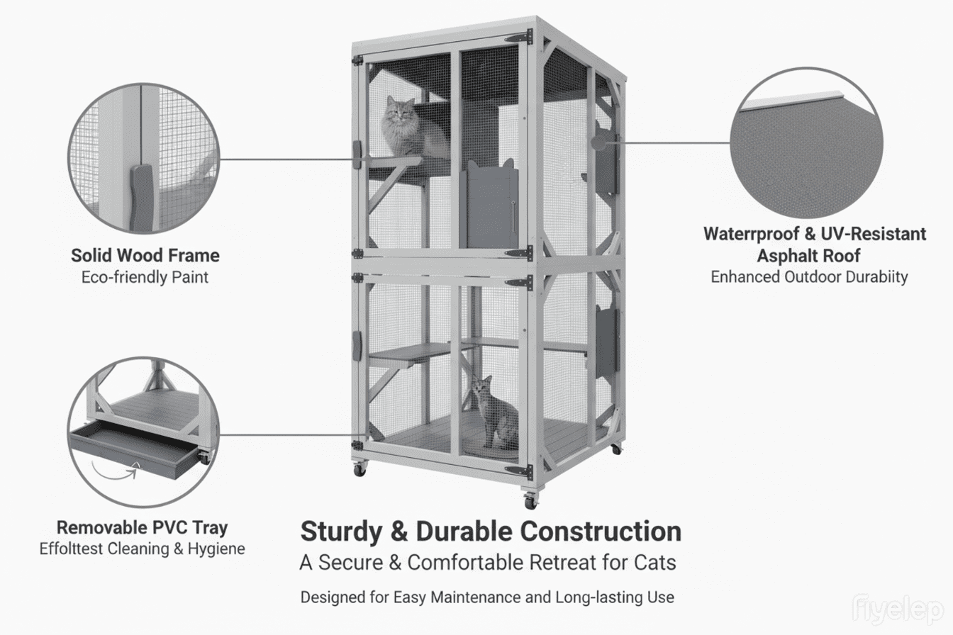 ANYKOON Portable Cat Enclosure Catio  with Wheels 74.8" Large Outdoor Cat Enclosure, Multi-Level Cat Playpen with Lockable Doors & Easy-Clean Tray for Indoor/Outside Use