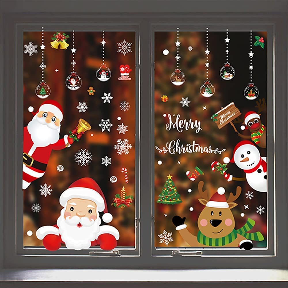 Christmas Window Clings, 155 Pcs Christmas Window Stickers, 9 Sheets Reusable Xmas Window Decals with Santa Claus Reindeer Snowman, Double-Side Xmas Snowflake Window Clings for Winter Party Supplies