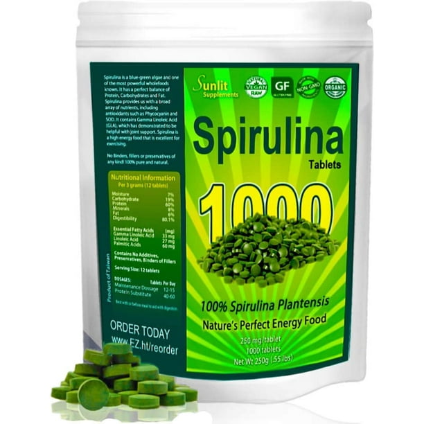 Spirulina Tablets (MegaPack 1000 Tablets). Organic, raw, NonGMO. 100