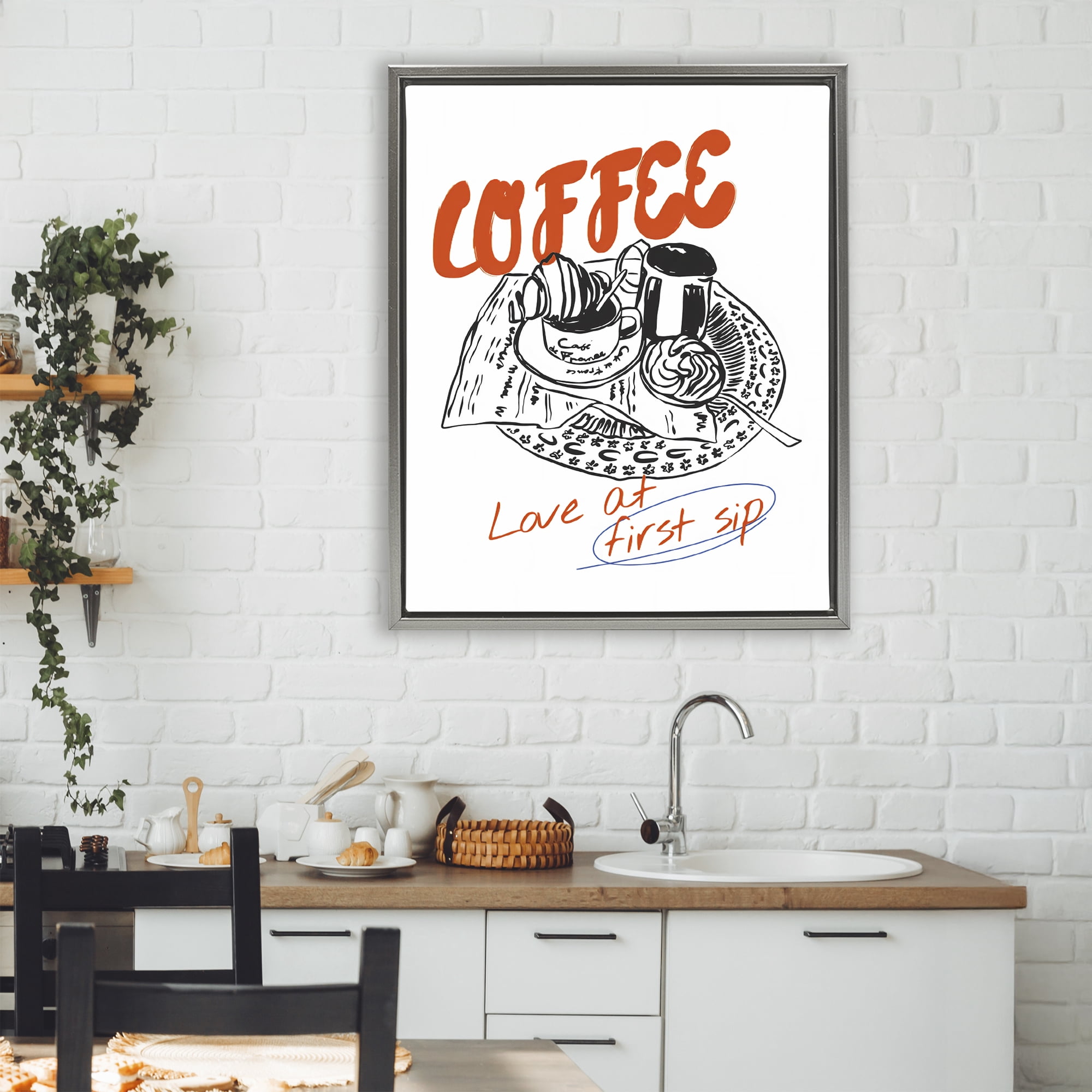 Stupell Industries Coffee Love At First Sip Gray Framed Floater Canvas Wall Art, design by The Prints Vibe