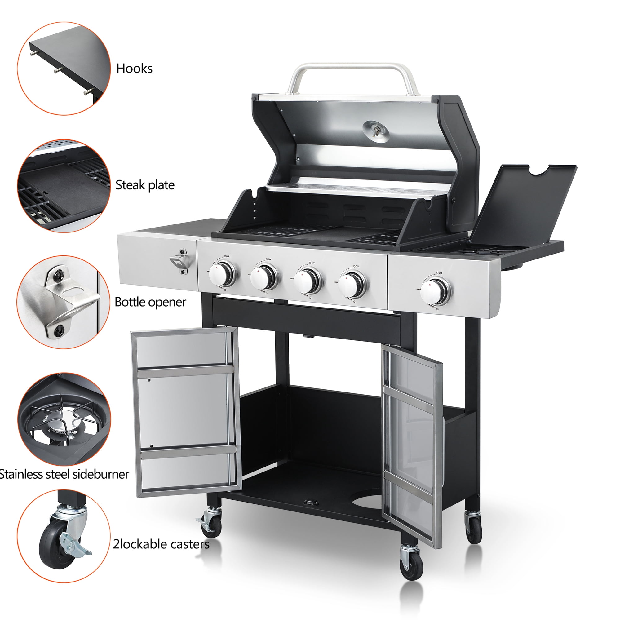Miniyam 4 Burners BBQ Propane Gas Grill with Side Burner for Outdoor Barbecue, 46790 BTU Output