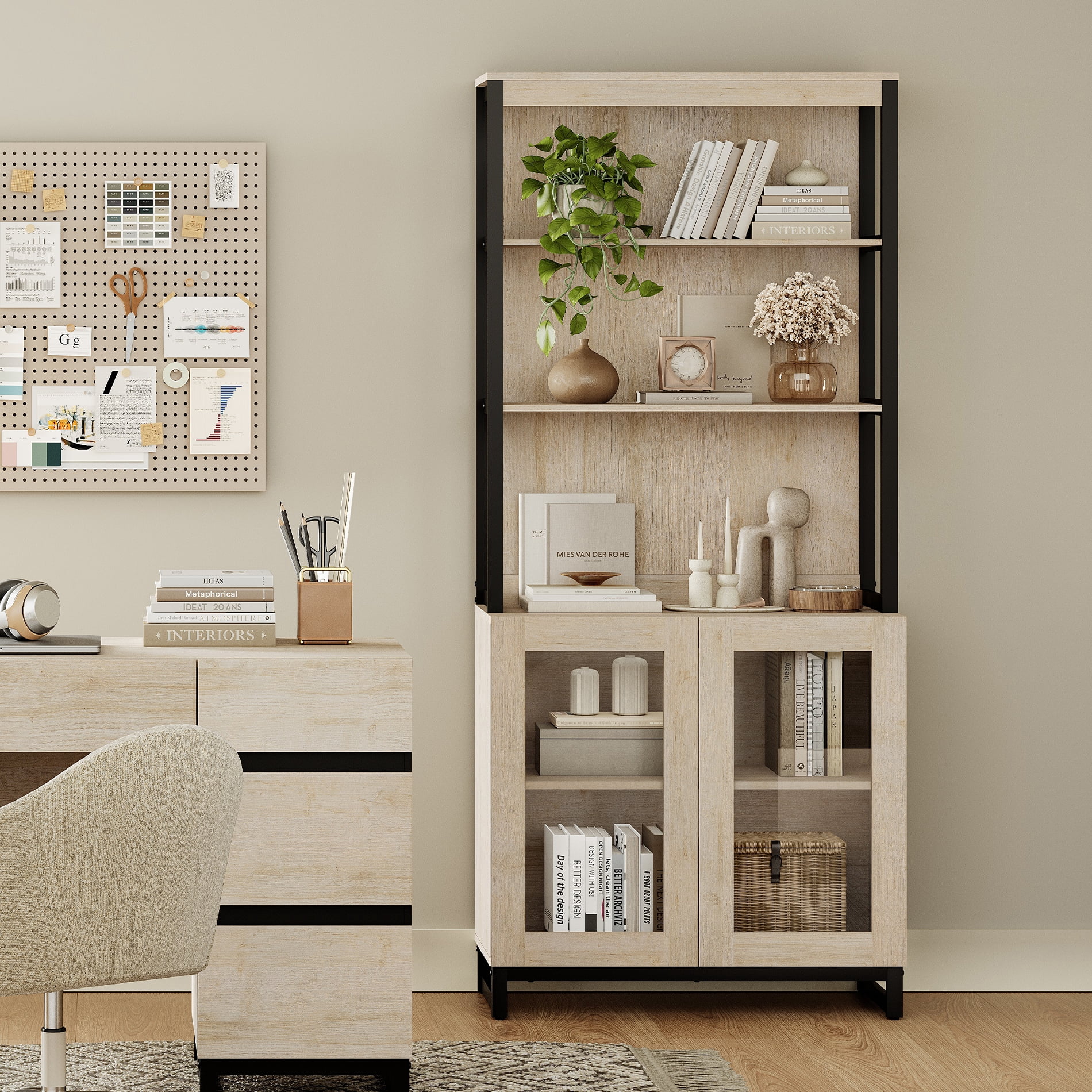 WAMPAT Modern 72" Tall Bookcase with Glass Doors and Adjustable Shelves, Library Book Shelf with Storage Cabinet and Open Book Shelfs, Wood Bookshelf for Home Office, Living Room, Beige