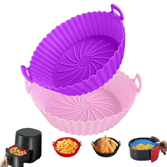 2 Pack Air Fryer Silicone Liners Pot, 5 Inch Air Fryer Basket Liners, Silicone Baking Tray Pots for 3 to 5 Qt for Air fryer Oven Reusable Baking Tray Oven Accessories - Pink Purple