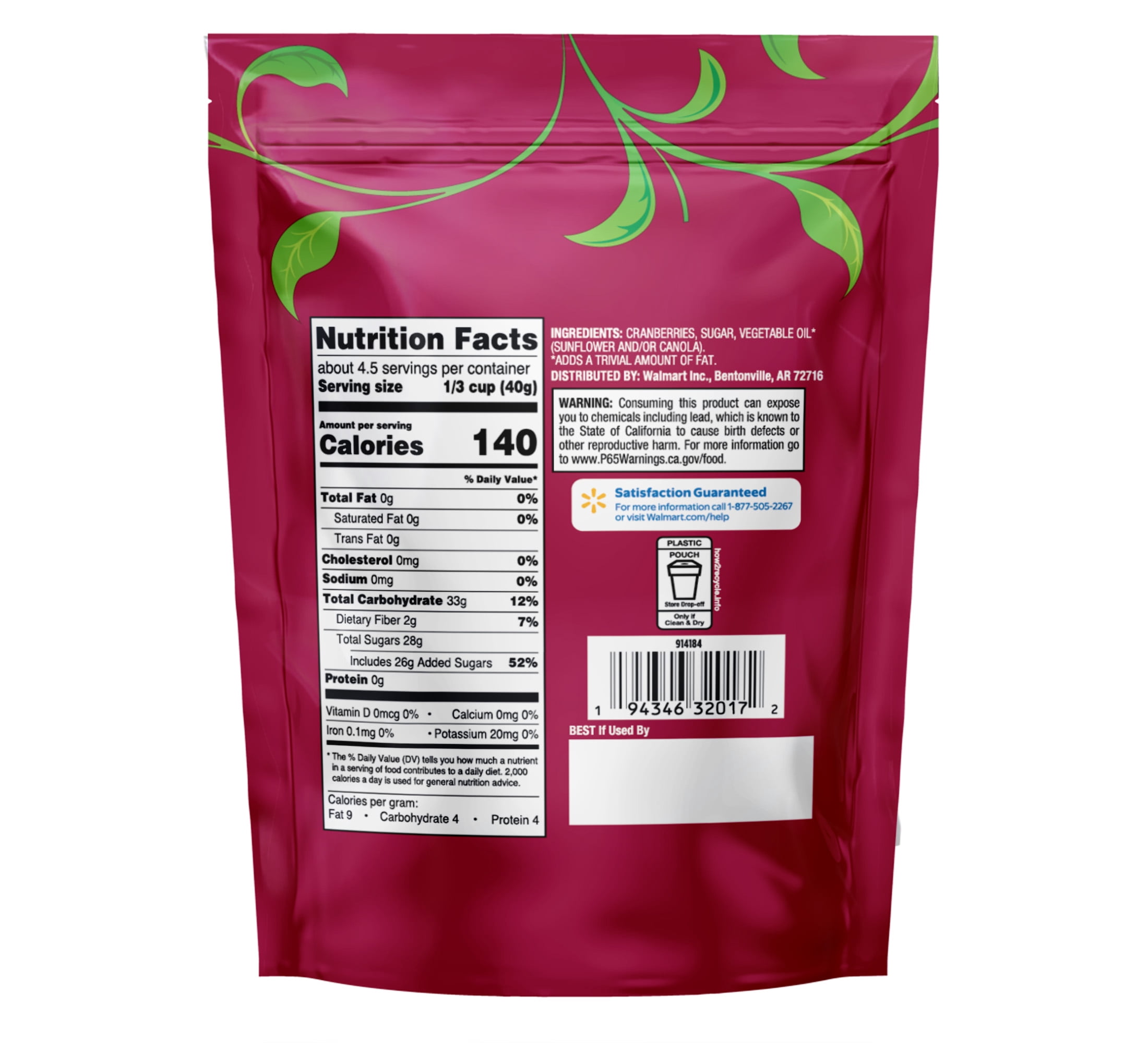 Great Value Sweetened Dried Cranberries, 6 oz