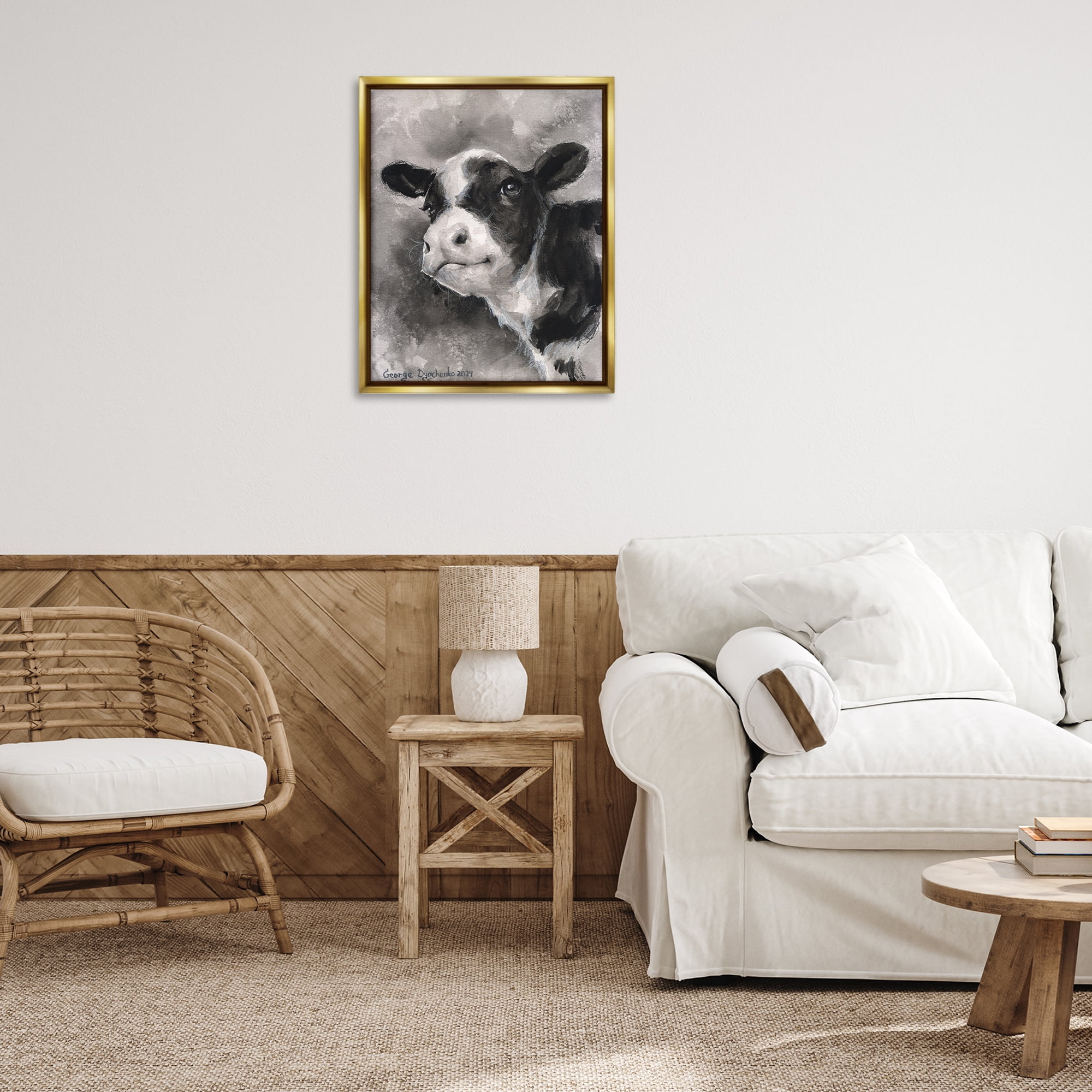 Stupell Industries Smiling Baby Calf Animals Drawing Gold Floater Framed Canvas Art Print Wall Art, 25 x 31
