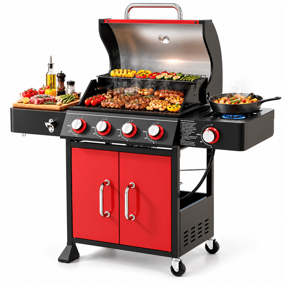 HUGROVE 4 Burner Propane Gas Grill with Side Burner, Cast Iron Grates, Porcelain - Enameled, 51,000 BTU for Outdoor BBQ Cookouts, Red