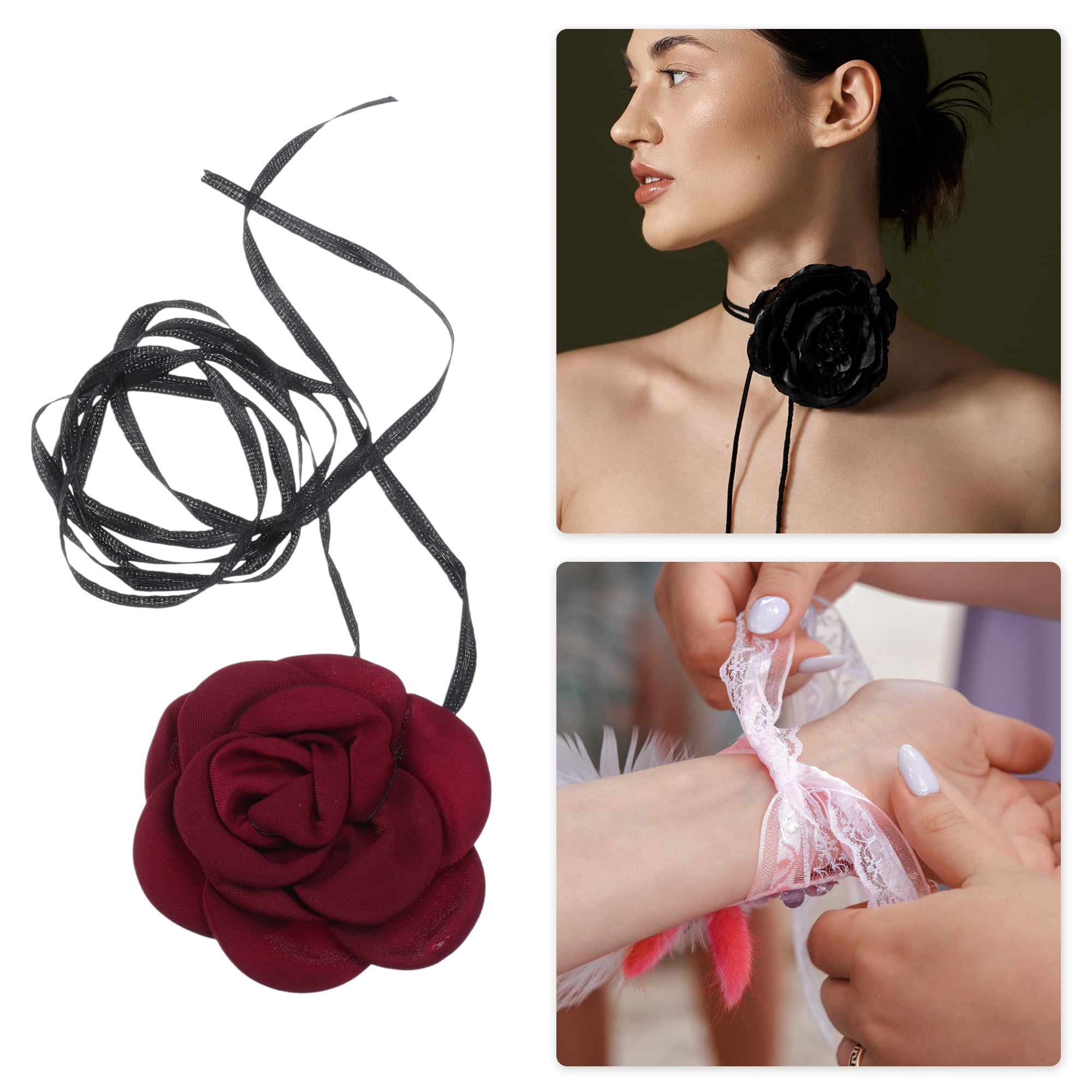 Unique Bargains Elegant Pearl Satin Rose Tie Choker Necklace 1 Pc Wine Red