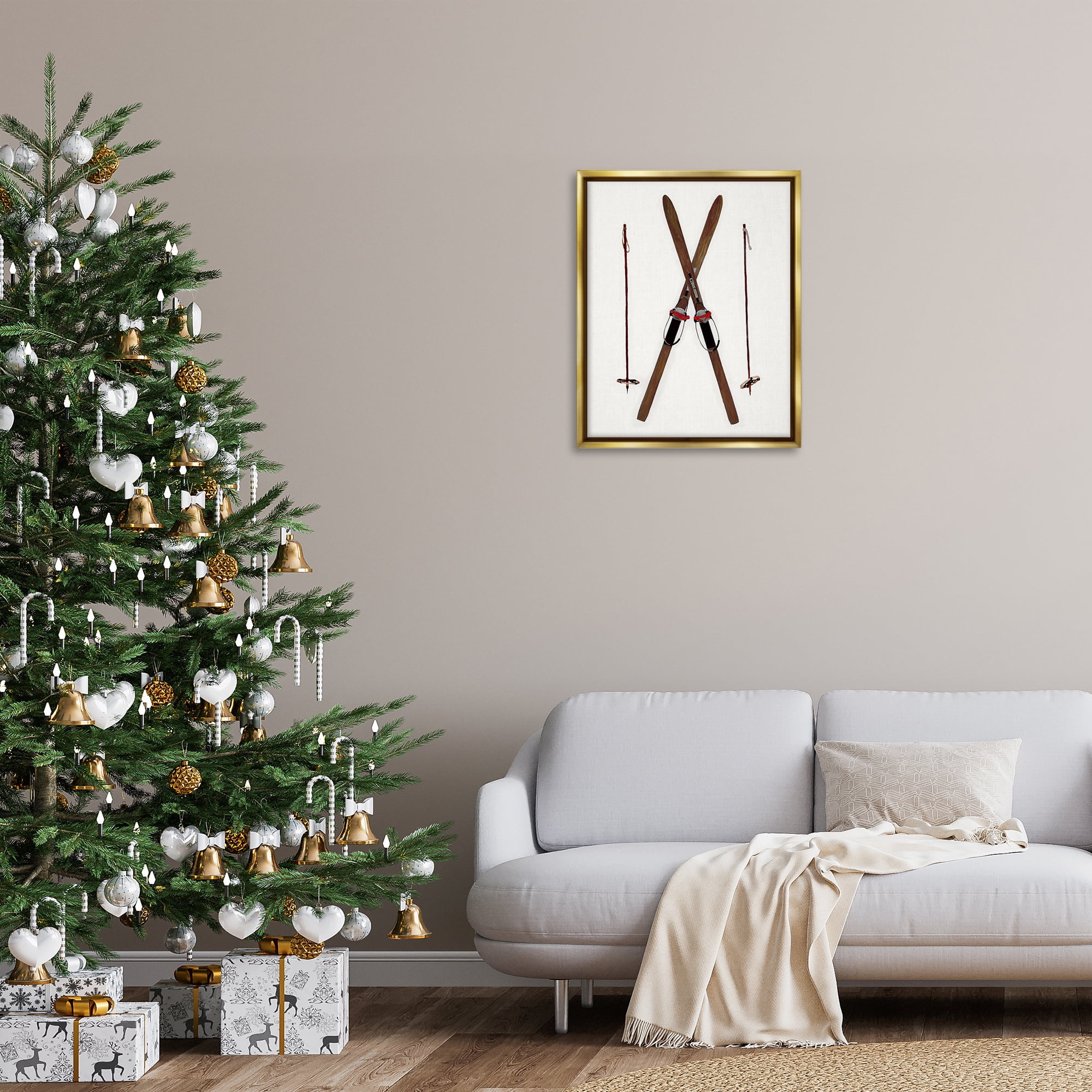 Stupell Industries Minimal Winter Skis Sports Painting Gold Floater Framed Canvas Art Prints Wall Art, 25 x 31