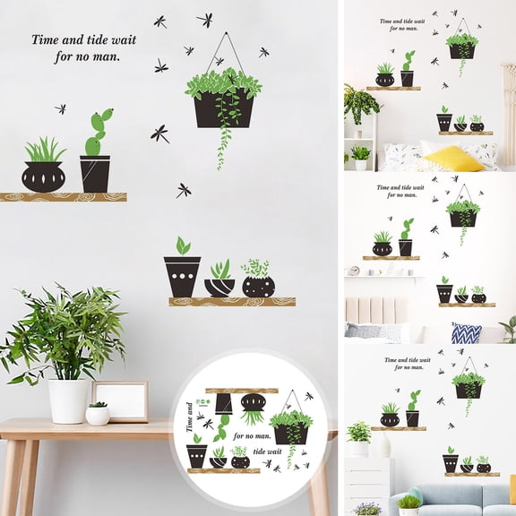 Removable Wall Decal Sticker Set, Green Potted Plants Succulents in Hanging Baskets Peel and Stick Wall Art for Living Room Bedroom Nursery Home Decor