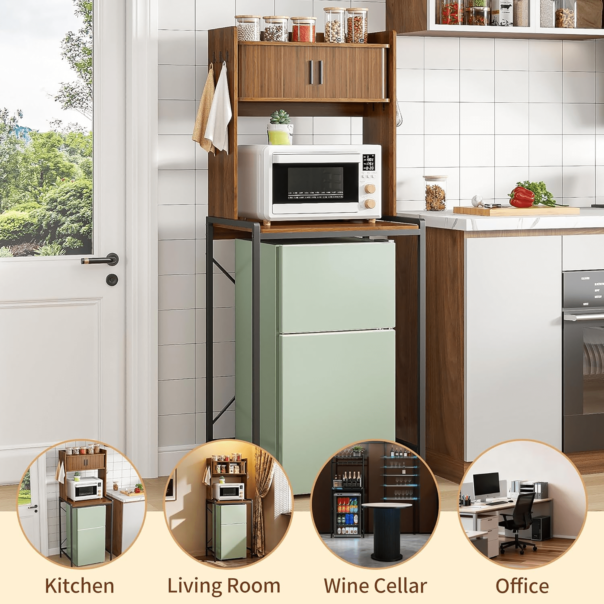 4-Tier Kitchen Bakers Rack with Mini Fridge Stand, Microwave Stand with 6 Hooks and Sliding Doors Storage for Kitchen, Dining Room, Walnut