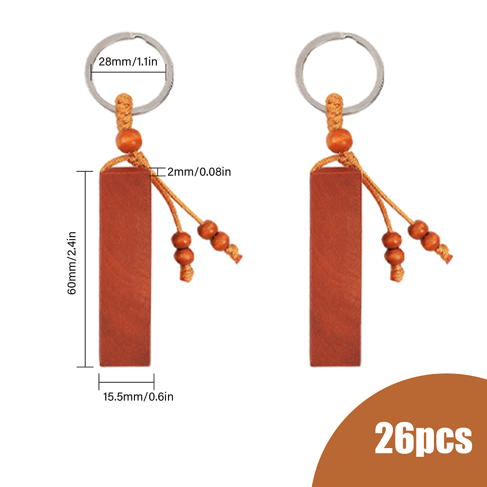 26pcs Iron Key Ring Keychain with Peach Wood and Polyester Cord Saddle Brown 11cm