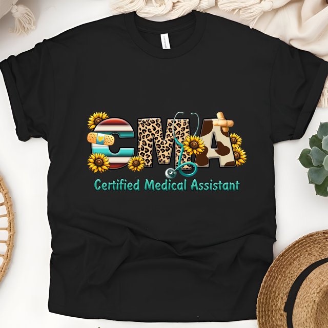 T-Shirt Mignon CMA / Haut d'Appréciation d'Assistante Médicale avec Tournesols, Noir, Taille TG