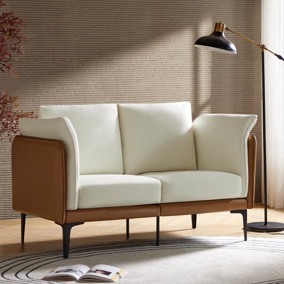 Modern Loveseat with Metal Legs Curved Arms Linen Leather Fabric Sofa for Living Room Beige