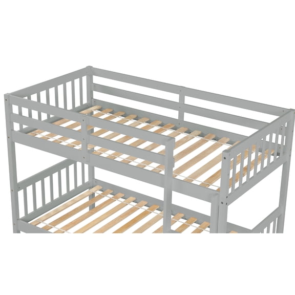 LiviNest Twin Over Twin Bunk Bed with Trundle, Convertible into 2 Separate Twin Beds, Rubberwood Construction with Safety Guardrails and Ladder, Grey