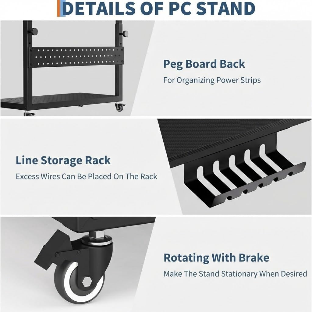 Ataujin Computer Tower Stand with Cable Management Rack, 2-Tier Mobile CPU Holder Cart, Adjustable Rolling PC Stand for Office and Home Use