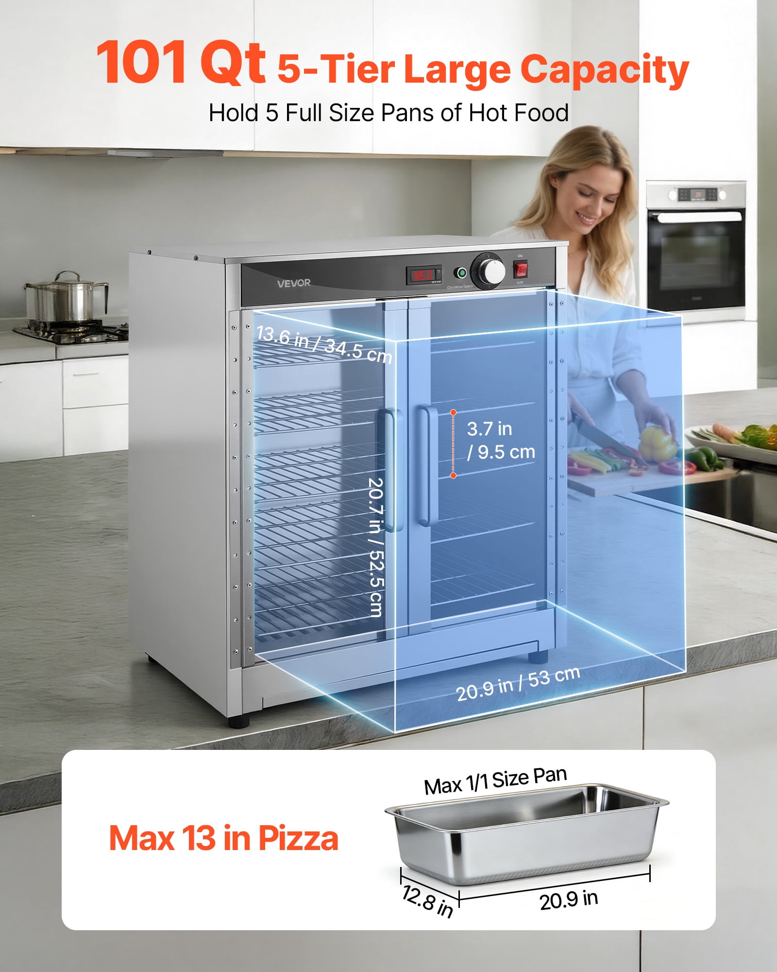 VEVOR Electric Hot Box Food Warmer, 5-Tier Commercial Warming Cabinet with Water Tray, Double-Door and Adjustable Shelves, Stainless Steel Food Warmer Cabinet, for Restaurant, Kitchen, Pizza, Chicken