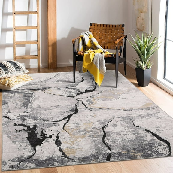 Tzou Modern Aesthetic Gray Marble Abstract Area Rugs 8x10 Non-Slip Soft Carpet for Living Room Bedroom Dining Room Indoor Office Kitchen Floor Mat