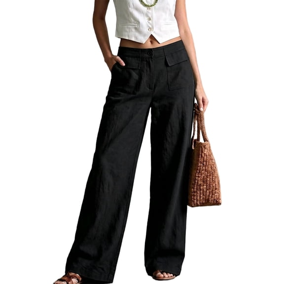 Wevis Womens High Waist Wide Leg Pants, Button Front Flap Pocket Casual Trousers, Loose Straight Leg Summer Vacation Pants