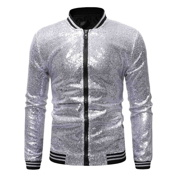 Herrnalise Jackets for Men Casual Solid Standing Collar Long Sleeve Sequin Dance Dress Zip Ja Silver