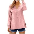 thumbnail image 2 of Horkkom Long Sleeve Shirts for Women V Neck Button Down Linen Shirts Loose Solid Color Casual Tops Slit Side L, 2 of 10