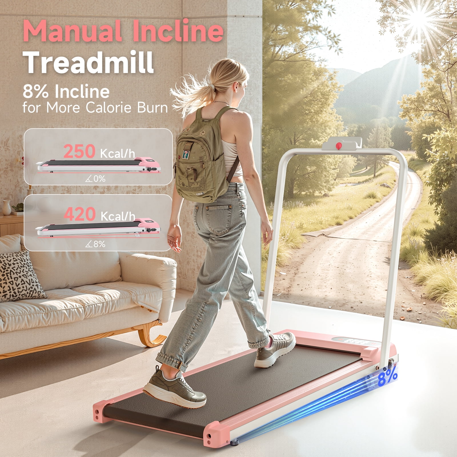 Evitormill 4 in 1 Foldable Treadmills with Handle/Handrails - 2.5HP Low Noise Folding Walking Pad, Supports 265 Lbs (Pink)