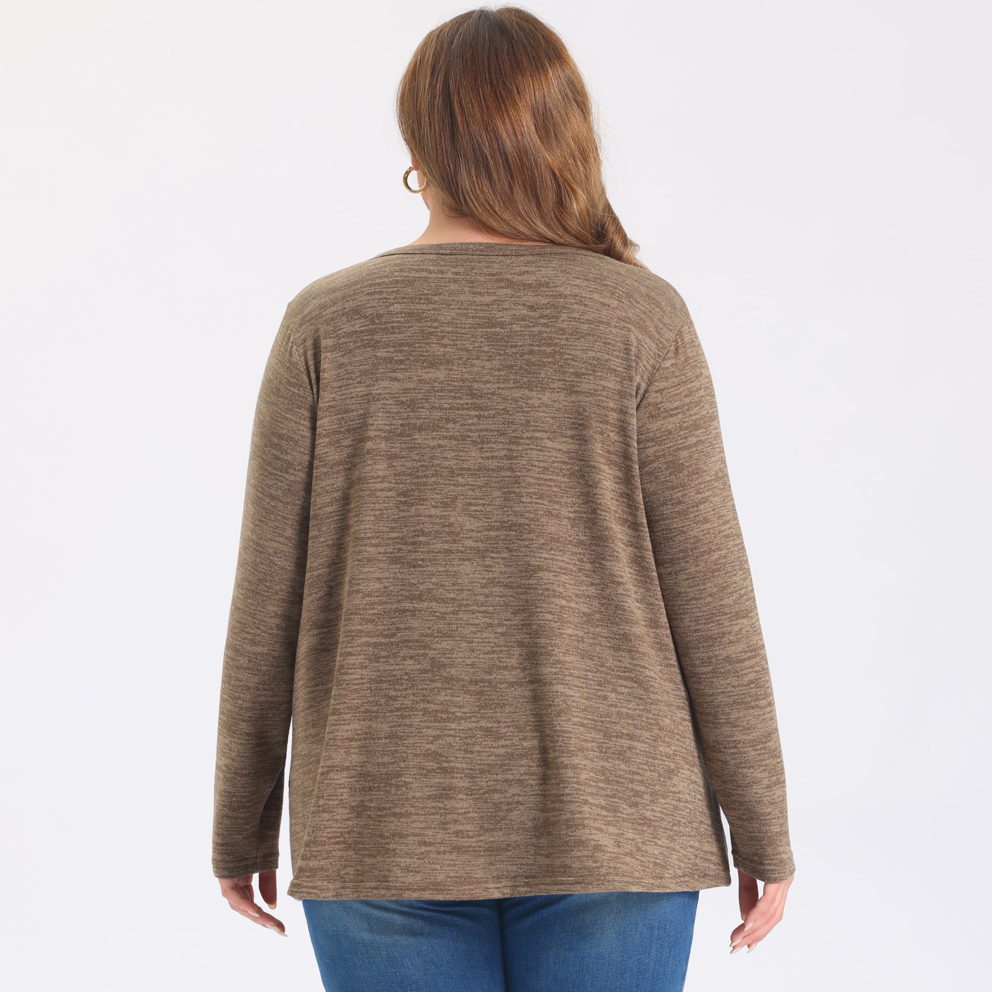 DARING DIVA Women's Plus Pocket Notch Neck Long Sleeve Blouses 3X Brown