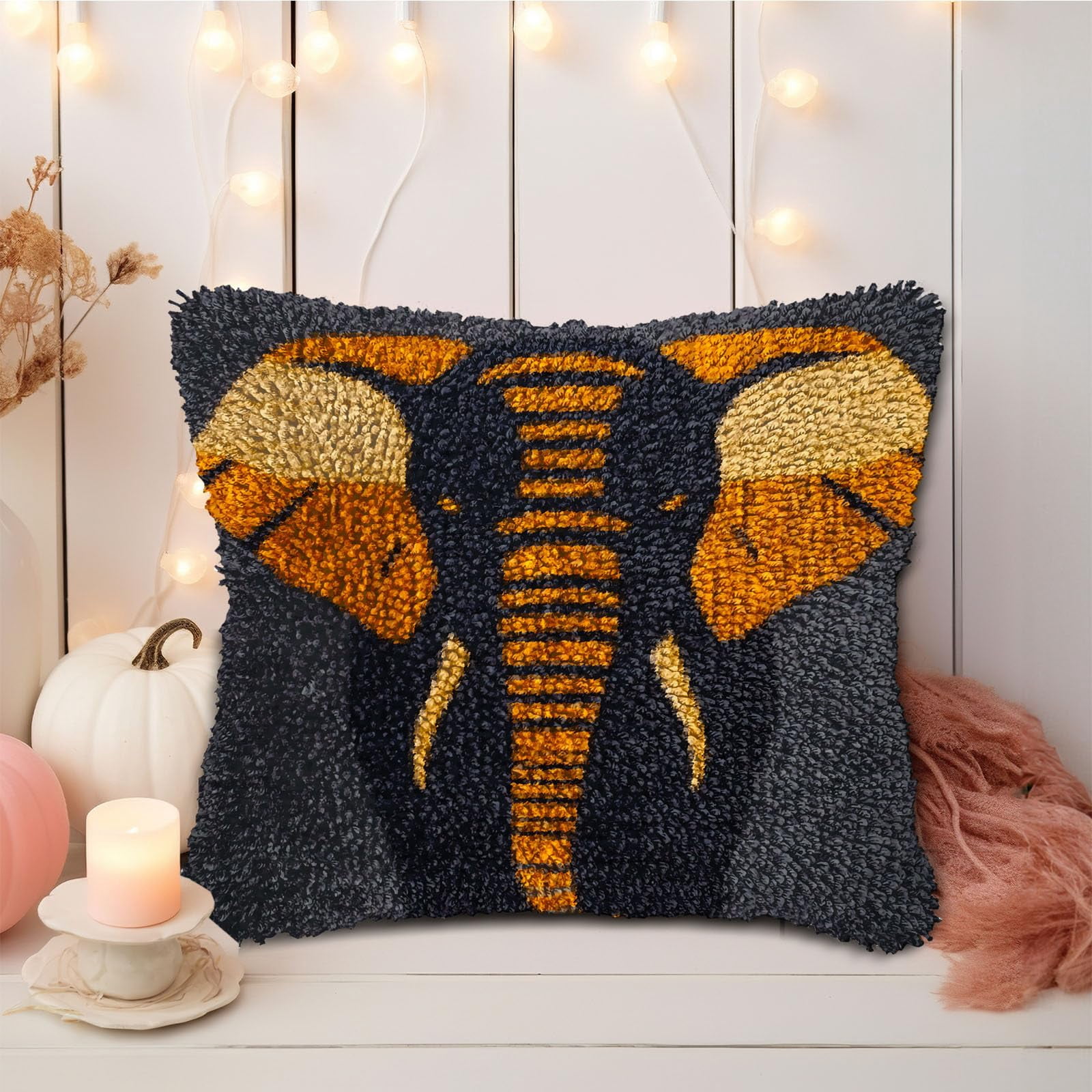 DIY Latch Hook Pillow Kits Grey Elephant Head Printed Pillowcase Crochet Yarns Hooking Handmade Pillow Cover Cushion for Home Sofa Decoration 17x17inch-3