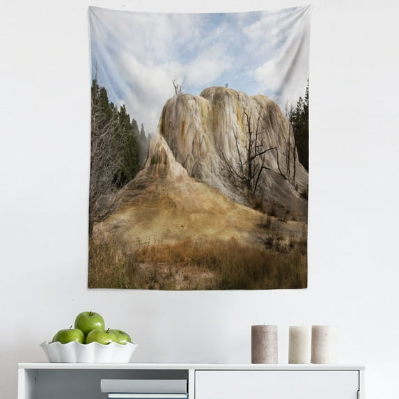 Yellowstone Tapestry, Big Rock in Orange Spring Mound Yellowstone Forest Cloudy Sky Scenery Nature, Fabric Wall Hanging Decor for Bedroom Living Room Dorm, 5 Sizes, Beige Blue, by Ambesonne