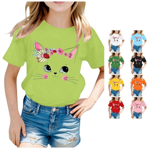 WAYUTE T Shirts for Girls Toddler Kids Cute Cartoon Printed Round Neck Short Sleeve Tee Shirts Loose Soft School Summer Tops Casual Outdoor T Shirt,Light Green