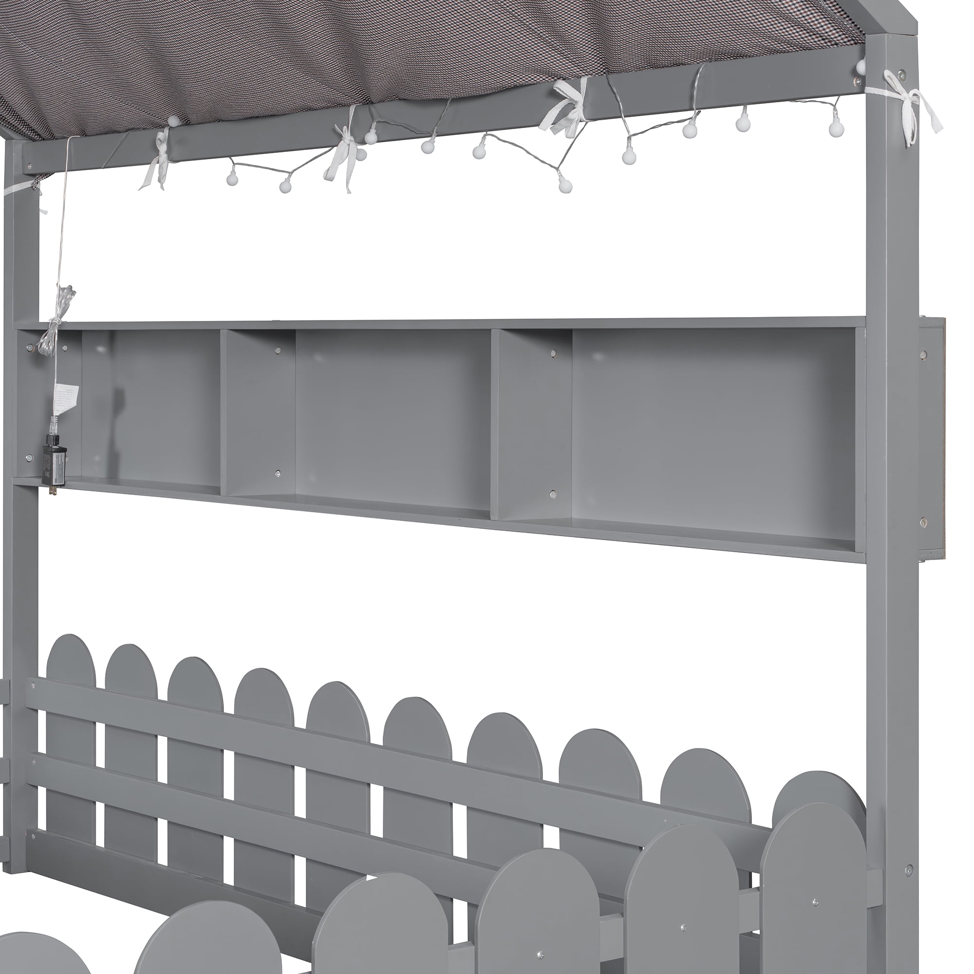 Aukfa Full Size House Bed with Fence and Tent for Kids, Wooden Montessori Bed with LED Lights & Storage Shelves for Toddler Boys and Girls Bedroom, Gray