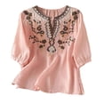 thumbnail image 5 of Summer Women Boho T-Shirts Floral V Neck Embroidered Tops Short Sleeve Loose Casual Flowy Trendy Shirts Pink L, 5 of 6
