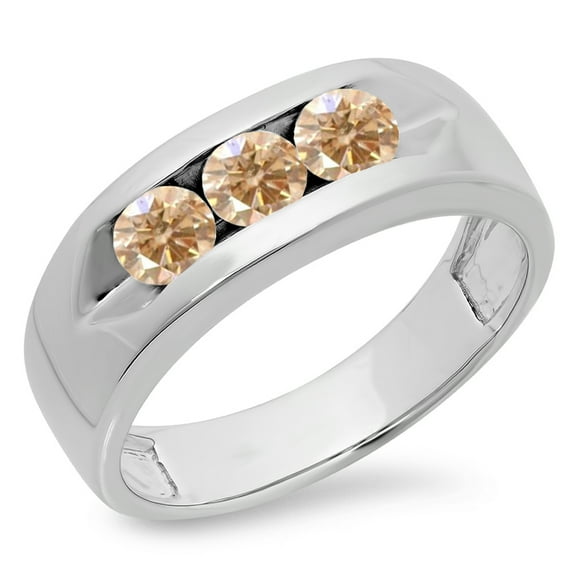 Dazzlingrock Collection 1.10 Carat (ctw) 10K Real Round Champagne Diamond Men's 3 Stone Wedding Band 1 CT, White Gold, Size 8.5