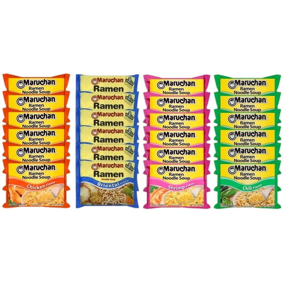 Maruchan Ramen Instant Noodle Soup Variety Mix 24 Packs, 4 Flavors - 6 Pack Oriental, 6 Pack Shrimp, 6 Pack Chicken, 6 Pack Chili Lunch/Dinner Variety