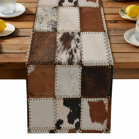 Vintage Cowhide Table Runner, Cow Fur Print Animal Skin Brown Plaid Kitchen Table Runners Dress Scarves for Table Decorations Party/Restaurant/Indoor Outdoor Use, 13x108in