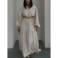 thumbnail image 3 of Women Skirt Set, Long Sleeve Tie-up Crop Top with Pleated Long Slit Skirt Fall Outfit, 3 of 5
