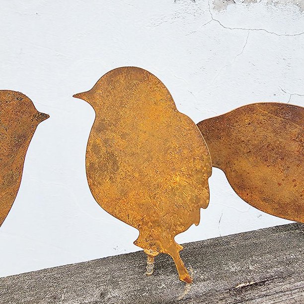 Tapón de jardín ornamental de óxido, 4 pájaros de metal con tornillos, decoración de silueta de jardín de pájaros, adorno de jardín de metal con pátina de efecto óxido, ornam de jardín