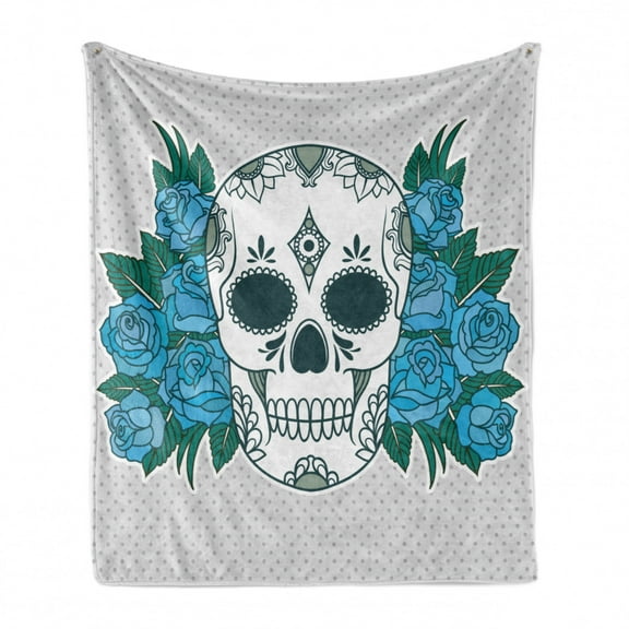 Skull Soft Flannel Fleece Throw Blanket, Skeleton Head with Oriental Paisley Details Roses Leaves Design, Cozy Plush for Indoor and Outdoor Use, 60" x 80", Fern Green White, by Ambesonne