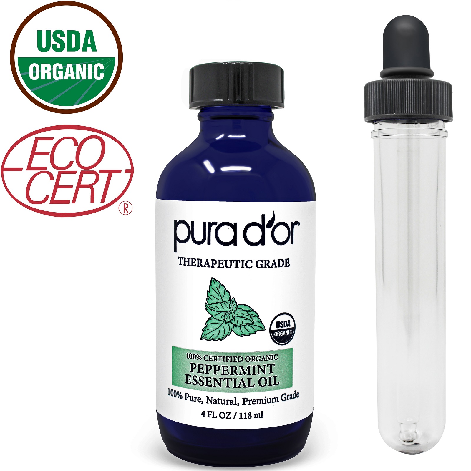 PURA D'OR Peppermint Essential Oil (4oz / 118mL) USDA Organic 100 Pure