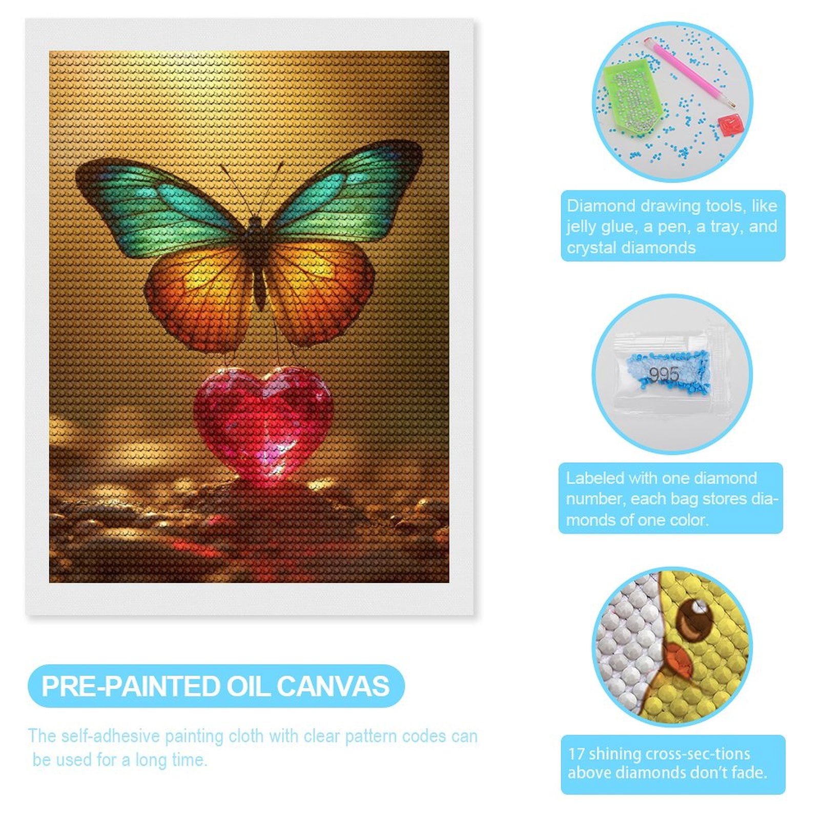 Diamond Art Kits for Adults - Butterfly Gem Heart Glow Stones 5d Diamond Painting for Adults, Diamond Art for Adults Beginners, Frameless Diamond Painting Kits for Adults for Home Wall Decor