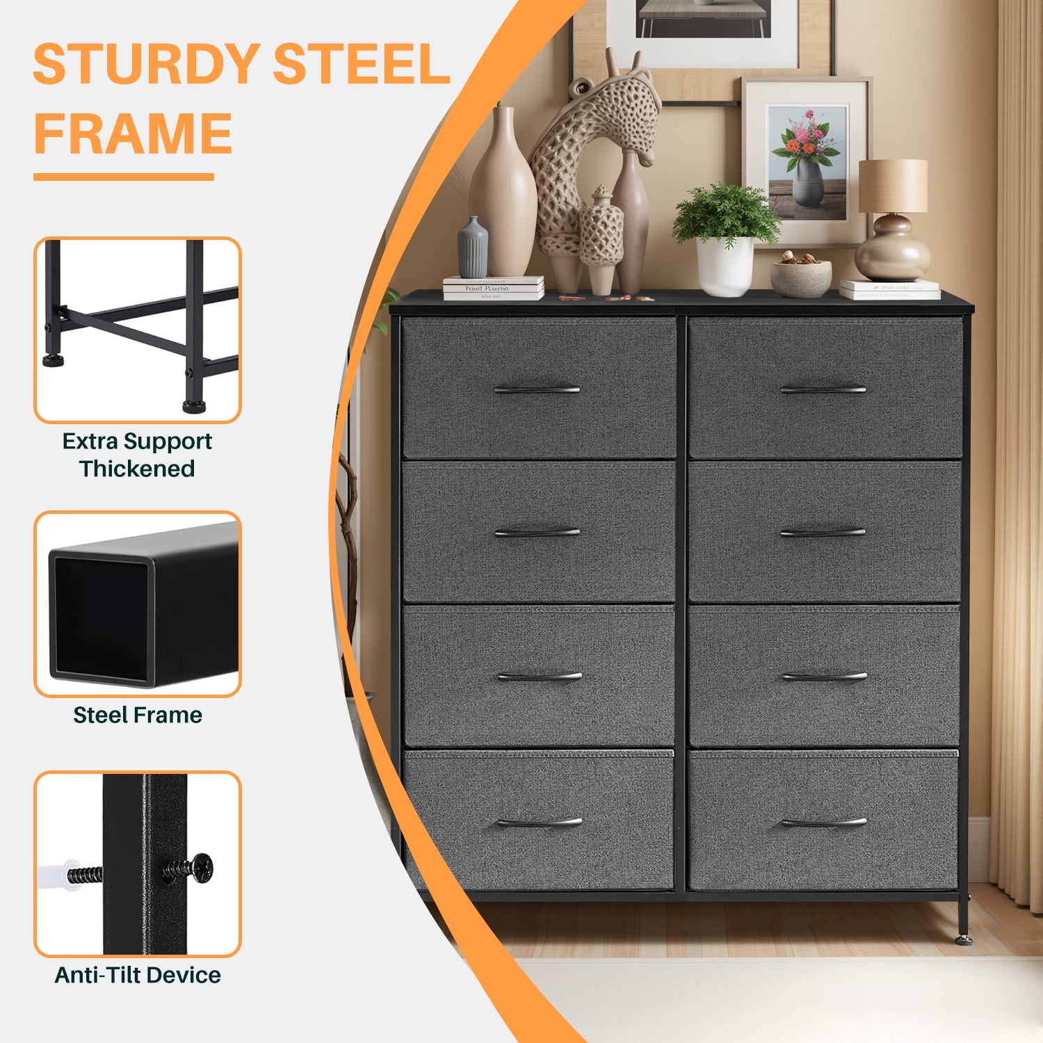 Simenmax 8 Drawer Dresser for Bedroom Fabric Dresser Chest of Closets Storage Units Organizer Tower Wooden Top Shelf for Bedroom, Hallway, Entryway, Closet,Gray