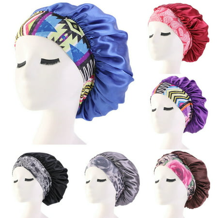 Women Satin Night Beauty Salon Sleep Cap Cover Hair Bonnet Hat Silk Head Wide Elastic Band For Curly Springy Hair Chemo