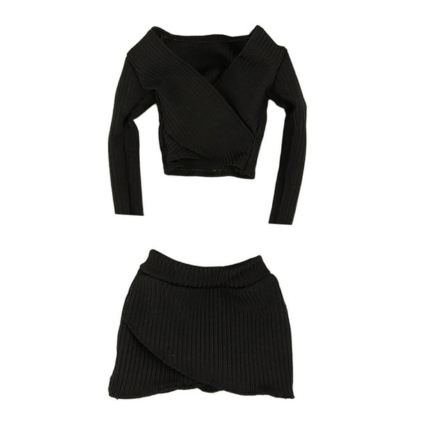 Tops cortos femeninos escala 1:6, top de manga larga, disfraz de cosplay, ropa para figuras de acción. negro