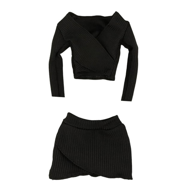 Top corto básico a escala 1:6, falda corta, top ajustado de manga larga para cosplay clásico. negro