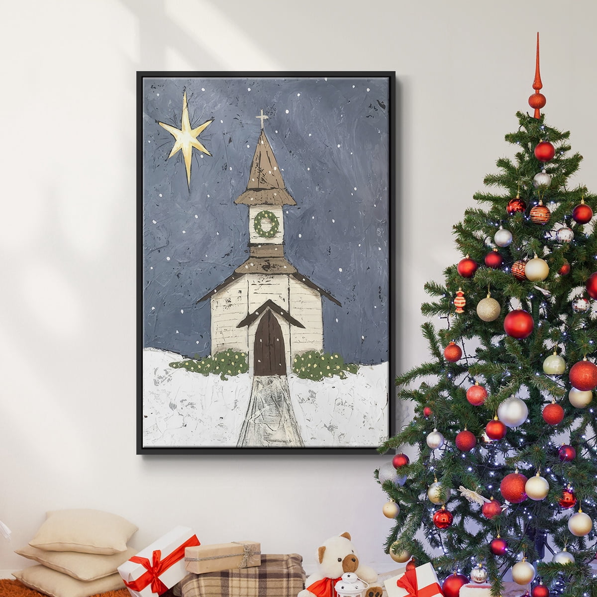 A Silent Night III - Framed Gallery Wrapped Holiday Canvas - 27 x 41 - Black Frame