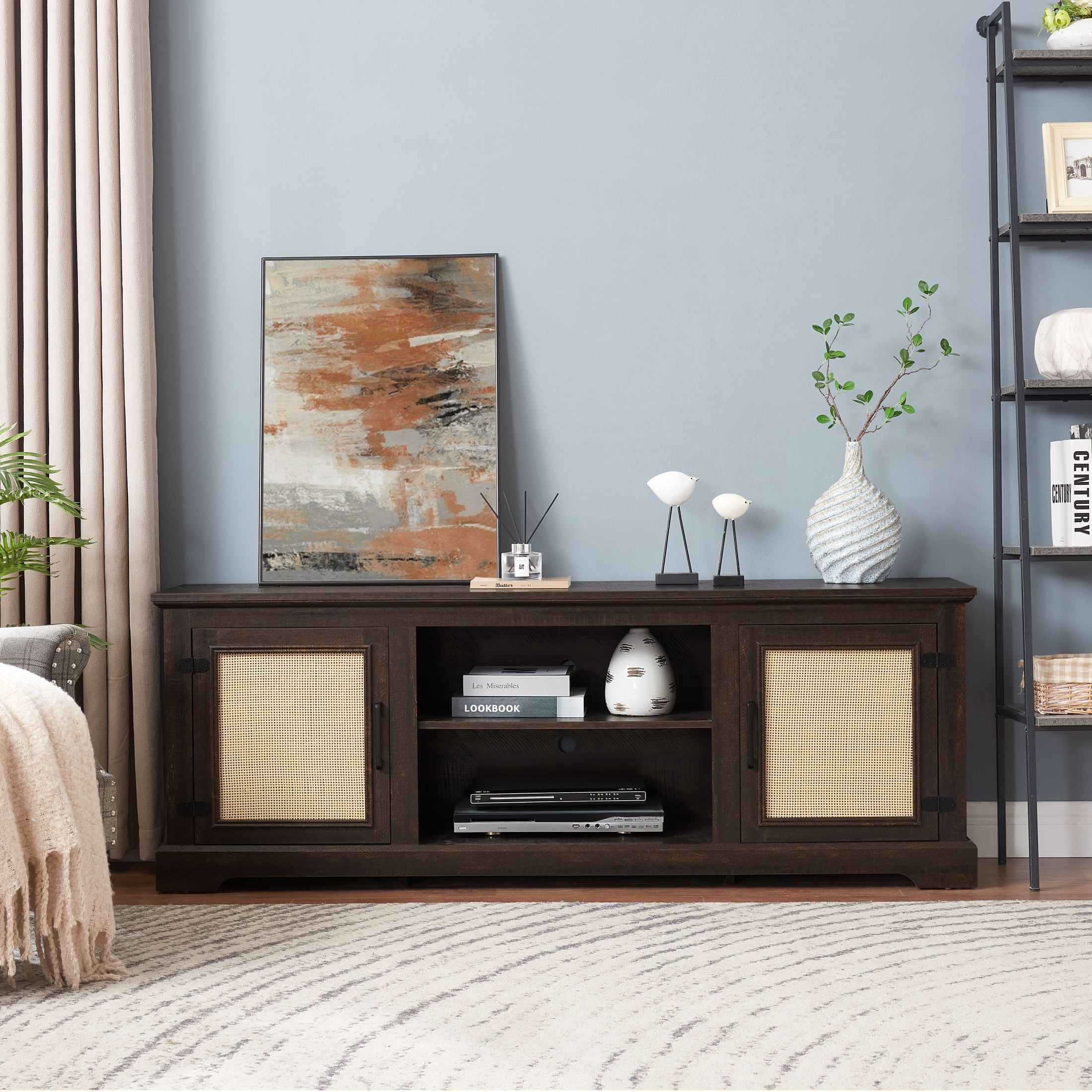 DEALTOPS Farmhouse TV Stand with Rattan Doors and Adjustable Shelves for TVs Up to 70'', Espresso