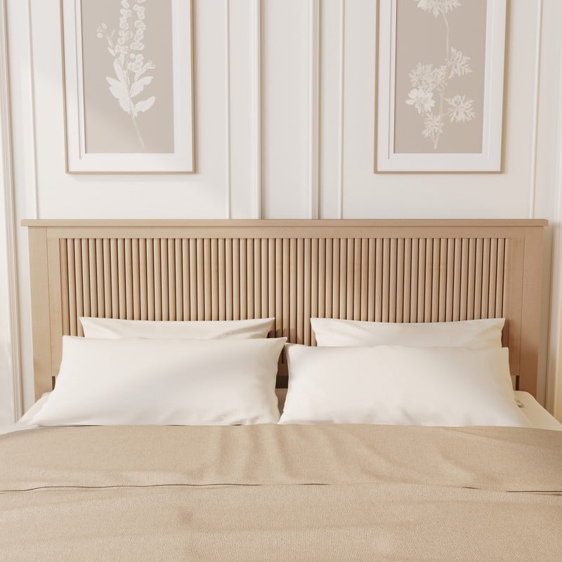 Queen Size Wood Bed Frame with Wave-Fluted Headboard, Low-Profile Platform Bed with Central Support Legs and Under-Bed Space