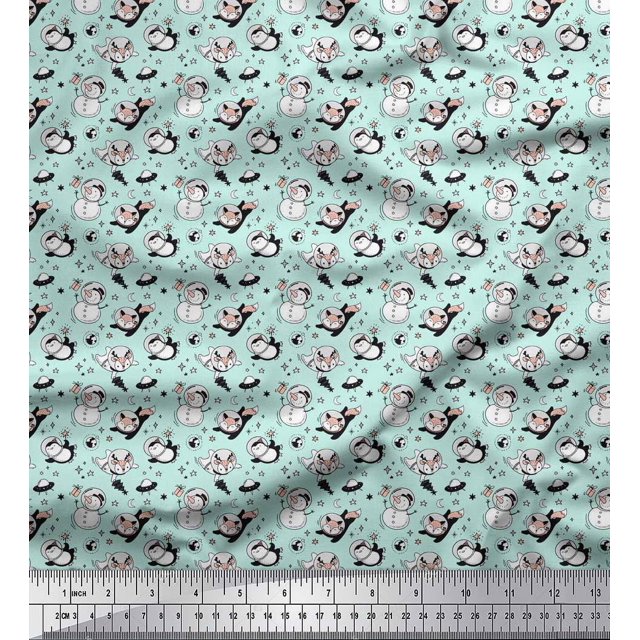 Soimoi Green Modal Satin Fabric Snowman & Penguin Cartoon Decor Fabric Printed Yard 42 Inch Wide