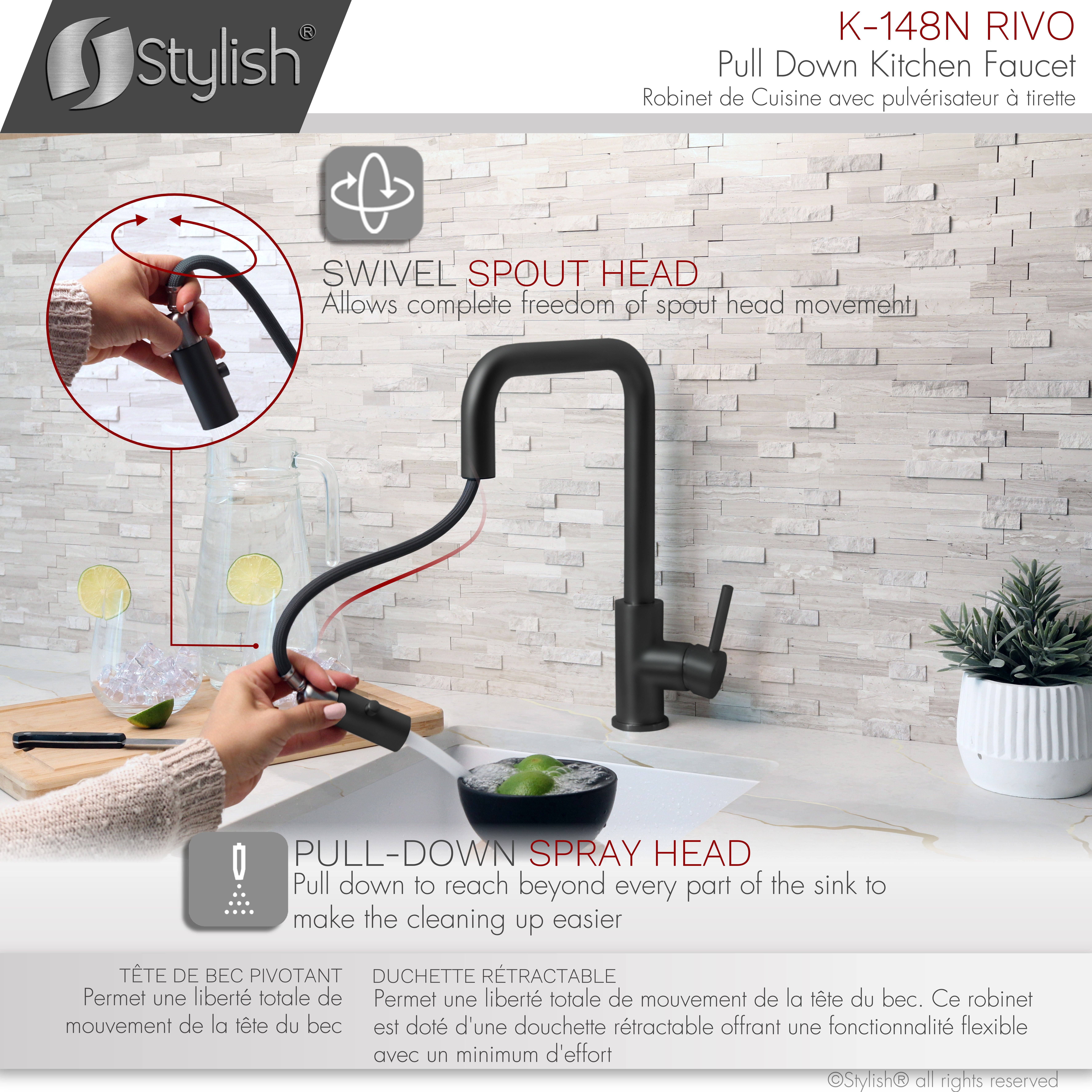 Stylish Rivo One-Handle Matte Black Pull Down Kitchen Faucet Height 14" K-148N